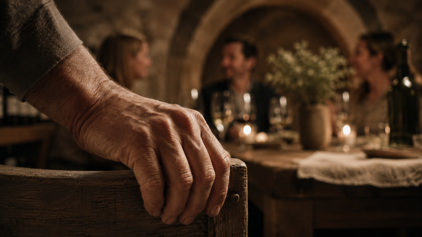 A macro close-up: an aged hand resting on the worn wood of a chair-back, with the candlelit Council blurred behind.